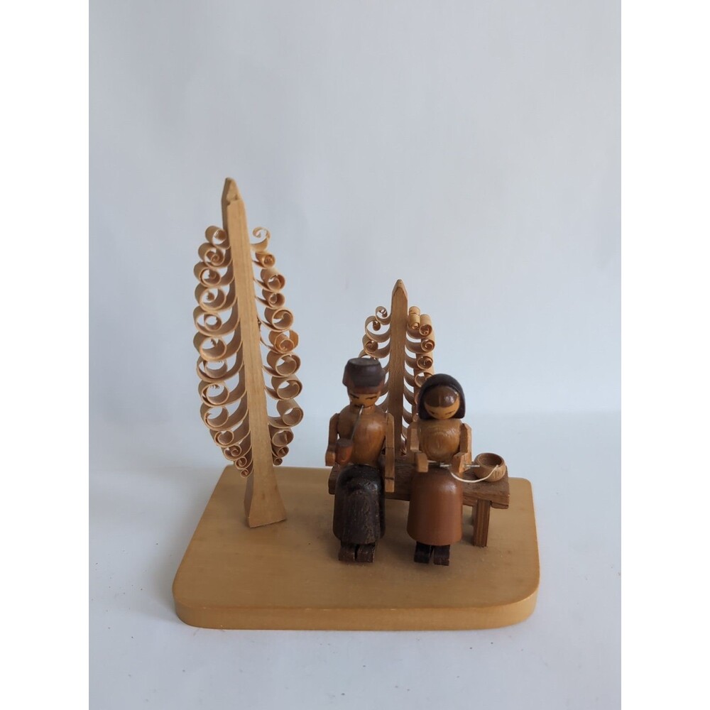 Vtg German Wood Figurine Erzgebirge Couple Knitting Bench Carved Scene